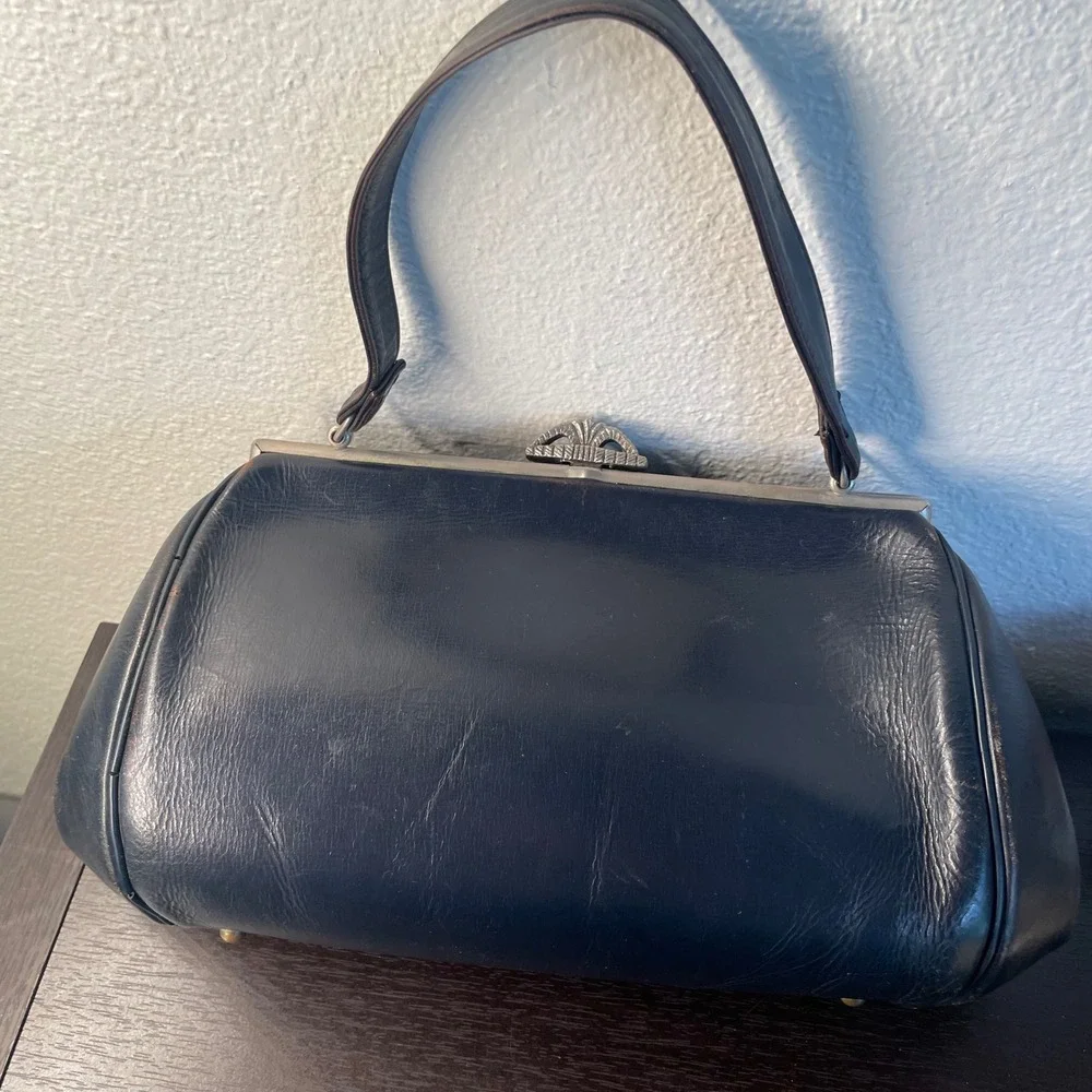 Vintage Granny Frame Handbag Purse Blue Leather Silver tone Ornate Clasp Bag
